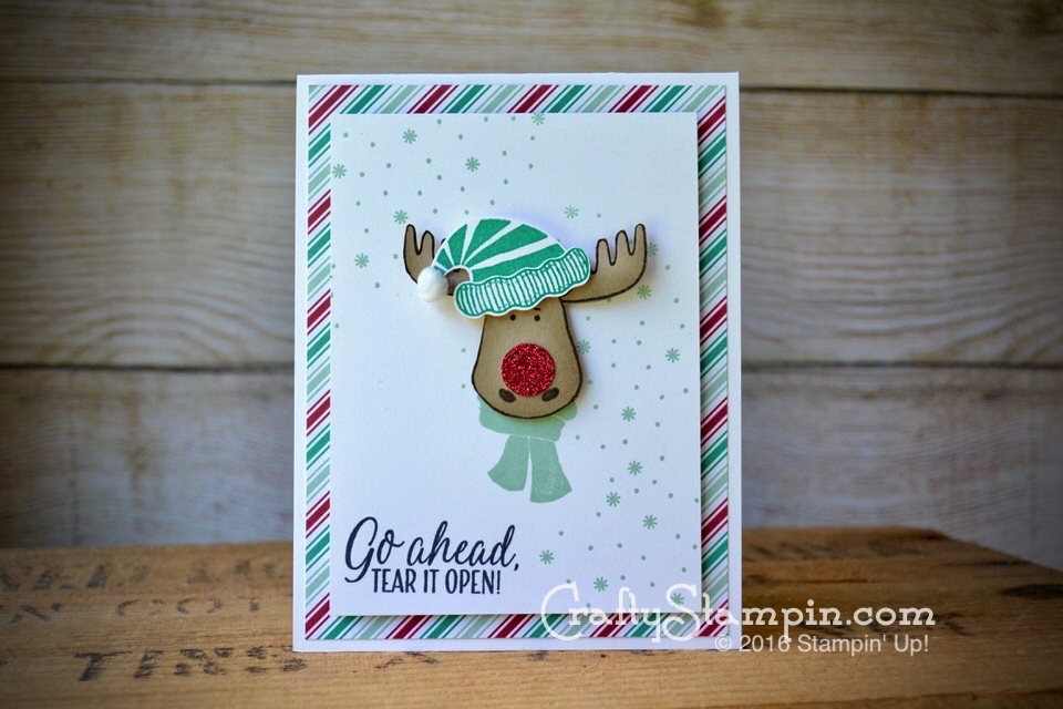 Tear it Open Rudolph the Reindeer Christmas Card | Stampin Up Demonstrator Linda Cullen | Jolly Friends and Tin of Tags Stamp Sets; Jolly Hat Builder Punch