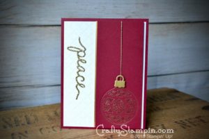 Christmas Greetings Embossed Peace Ornament| Stampin Up Demonstrator Linda Cullen | Crafty Stampin’ | Purchase your Stampin’ Up Supplies | Delicate Ornament Framelits | Christmas Greetings Thinlits | Wink of Stella Gold