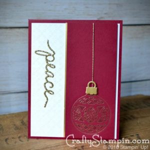 Christmas Greetings Embossed Peace Ornament| Stampin Up Demonstrator Linda Cullen | Crafty Stampin’ | Purchase your Stampin’ Up Supplies | Delicate Ornament Framelits | Christmas Greetings Thinlits | Wink of Stella Gold