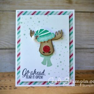 Tear it Open Rudolph the Reindeer Christmas Card | Stampin Up Demonstrator Linda Cullen | Jolly Friends and Tin of Tags Stamp Sets; Jolly Hat Builder Punch