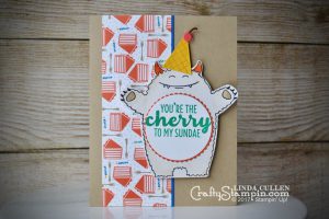 Party Monster | Stampin Up Demonstrator Linda Cullen | Crafty Stampin’ | Purchase your Stampin’ Up Supplies | Yummy in My Tummy Stamp Set | Frozen Treats Thinlits | Party Animal DSP