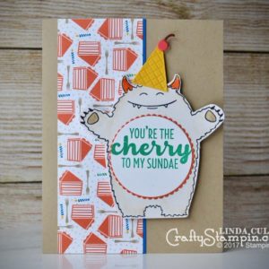 Party Monster | Stampin Up Demonstrator Linda Cullen | Crafty Stampin’ | Purchase your Stampin’ Up Supplies | Yummy in My Tummy Stamp Set | Frozen Treats Thinlits | Party Animal DSP