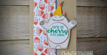 Party Monster | Stampin Up Demonstrator Linda Cullen | Crafty Stampin’ | Purchase your Stampin’ Up Supplies | Yummy in My Tummy Stamp Set | Frozen Treats Thinlits | Party Animal DSP