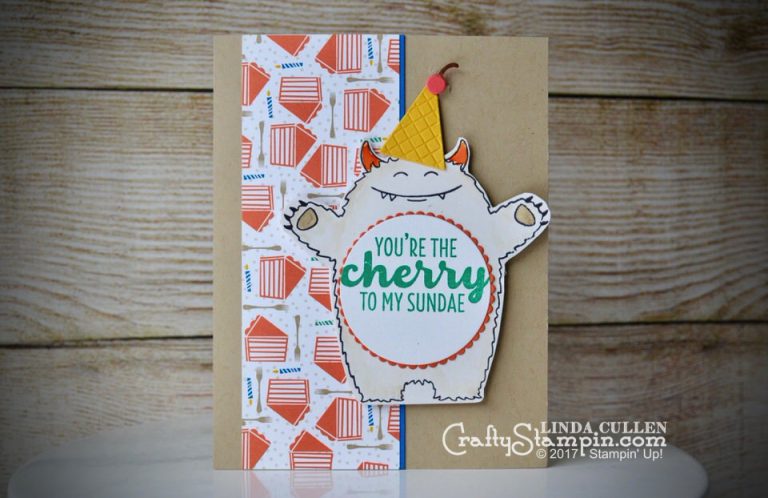 Party Monster | Stampin Up Demonstrator Linda Cullen | Crafty Stampin’ | Purchase your Stampin’ Up Supplies | Yummy in My Tummy Stamp Set | Frozen Treats Thinlits | Party Animal DSP