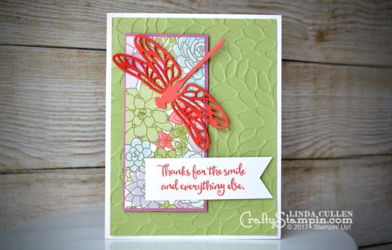 Detailed Dragonfly Smile | Stampin Up Demonstrator Linda Cullen | Crafty Stampin’ | Purchase your Stampin’ Up Supplies | Dragonfly Dreams Stamp Set | Detailed Dragonfly Thinlits | Succulent Garden DSP