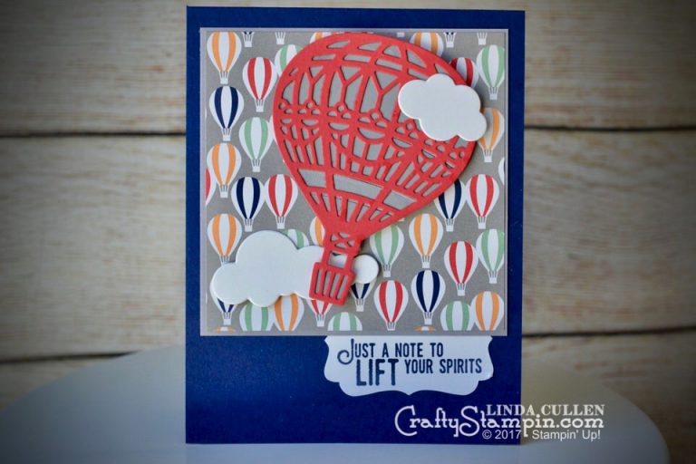 Lifting your Spirits | Stampin Up Demonstrator Linda Cullen | Crafty Stampin’ | Purchase your Stampin’ Up Supplies | Lift Me Up Stamp Set | Up & Away Thinlits Dies | Carried Away DSP