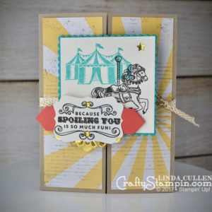 Carousel Birthday Gatefold | Stampin Up Demonstrator Linda Cullen | Crafty Stampin’ | Purchase your Stampin’ Up Supplies | Carousel Birthday Stamp Set | Cupcakes & Carousels DSP stack |