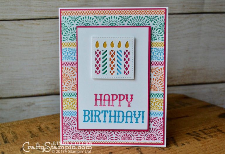 Fiesta Happy Birthday | Stampin Up Demonstrator Linda Cullen | Crafty Stampin’ | Purchase your Stampin’ Up Supplies | Window Shopping Stamp Set | Window Box Thinlits | Festive Birthday Designer Series Paper