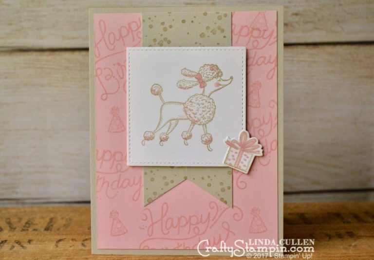 Swappers Showcase - Happy Birthday Poodle | Stampin Up Demonstrator Linda Cullen | Crafty Stampin’ | Purchase your Stampin’ Up Supplies | Birthday Delivery Stamp Set | Stitched Shapes Thinlits