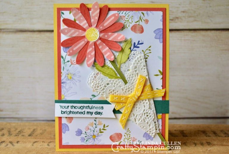 Swappers Showcase - Daisy Delight Bouquet - Daisy Delight stamp set | Delicate Doilies | Delightful Daisy DSP | Stampin Up Demonstrator Linda Cullen | Crafty Stampin’ | Purchase your Stampin’ Up Supplies |