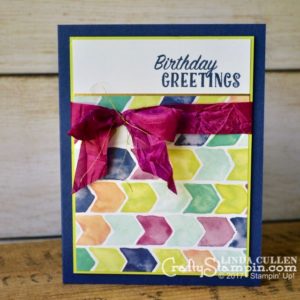 Birthday Delivery Greetings | Stampin Up Demonstrator Linda Cullen | Crafty Stampin’ | Purchase your Stampin’ Up Supplies | Birthday Delivery Stamp Set | Naturally Eclectic Designer Series Paper | Berry Burst 5/8 Crinkle Seam Ribbon