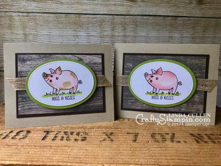 Coffee & Crafts Class: Little Piggies Hugs & Kisses | Stampin Up Demonstrator Linda Cullen | Crafty Stampin’ | Purchase your Stampin’ Up Supplies | This Little Piggy Stamp Set | Stitched Shapes Framelits | Wood Textures Designer Series Paper