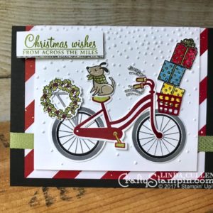 Stamp It Group Christmas in July Blog Hop | Stampin Up Demonstrator Linda Cullen | Crafty Stampin’ | Purchase your Stampin’ Up Supplies | Bike Ride Stamp Set | At Home with You Stamp Set | Build a Bike Framelits | Be Merry DSP