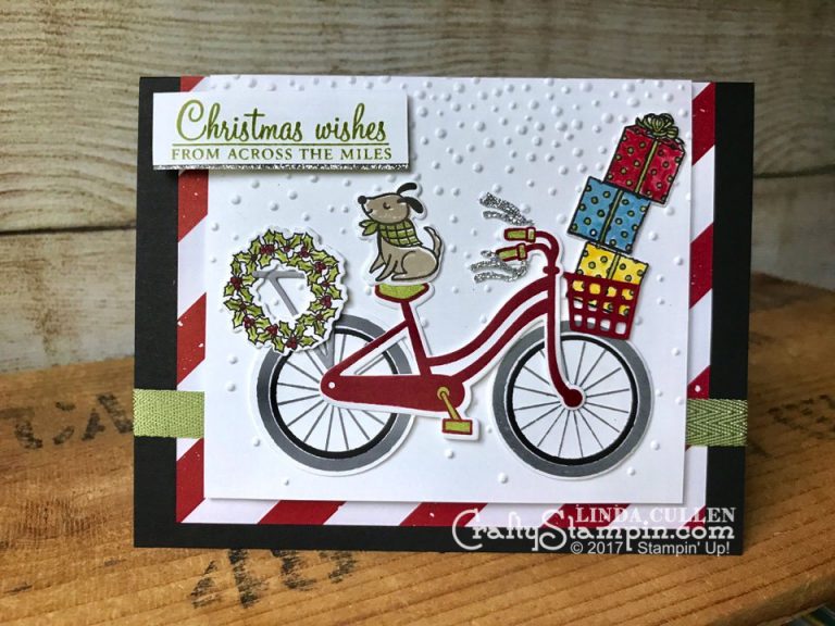 Stamp It Group Christmas in July Blog Hop | Stampin Up Demonstrator Linda Cullen | Crafty Stampin’ | Purchase your Stampin’ Up Supplies | Bike Ride Stamp Set | At Home with You Stamp Set | Build a Bike Framelits | Be Merry DSP