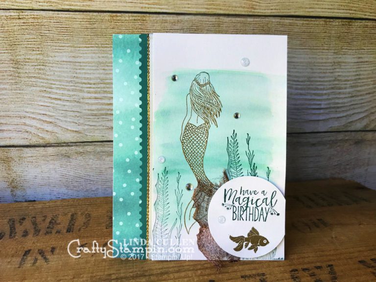 Coffee & Crafts Class: Mermaid Birthday | Stampin Up Demonstrator Linda Cullen | Crafty Stampin’ | Purchase your Stampin’ Up Supplies | Magical Mermaid Stamp Set | Delightful Daisy Designer Series Paper | Ticket Tear Border Punch | Copper Trim Ribbon