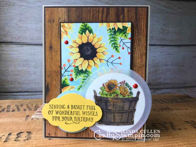 Stamp It Group Fall Theme Blog Hop | Stampin Up Demonstrator Linda Cullen | Crafty Stampin’ | Purchase your Stampin’ Up Supplies | Basket of Wishes Stamp Set | Painted Autumn Designer Series Paper | Wood Textures Designer Series Paper | Stitched Shapes Thinlits