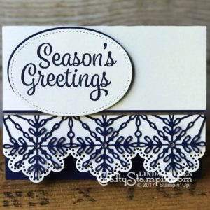 Snowflake Sentiments Season's Greetings | Stampin Up Demonstrator Linda Cullen | Crafty Stampin’ | Purchase your Stampin’ Up Supplies | Snowflake Sentiments Stamp Set | Swirly Snowflakes Thinlits | Stitched Shapes Framelits