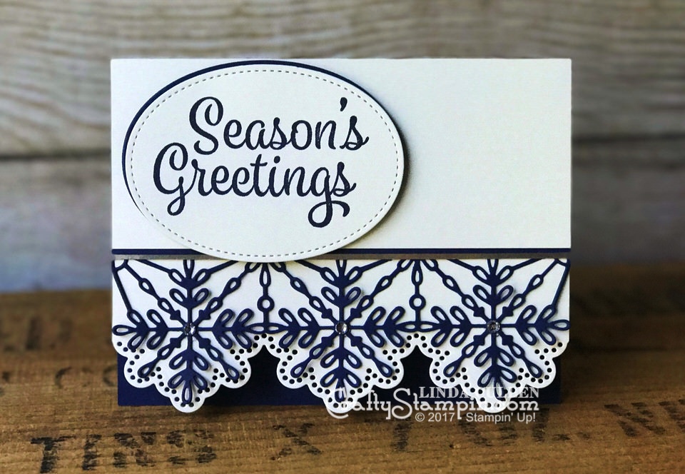 Snowflake Sentiments Season's Greetings | Stampin Up Demonstrator Linda Cullen | Crafty Stampin’ | Purchase your Stampin’ Up Supplies | Snowflake Sentiments Stamp Set | Swirly Snowflakes Thinlits | Stitched Shapes Framelits