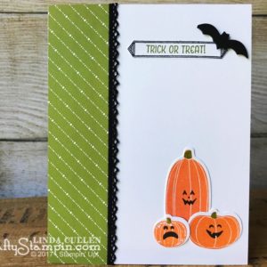 Pick a Pumpkin Trick of Treat | Stampin Up Demonstrator Linda Cullen | Crafty Stampin’ | Purchase your Stampin’ Up Supplies | Pick a Pumpkin Stamp Set | Seasonal Chums stamp set | Hometown Greetings Edgelits | Seasonal Tags Framelits | Patterned Pumpkins Thinlits | Merry Little Christmas Designer Series Paper