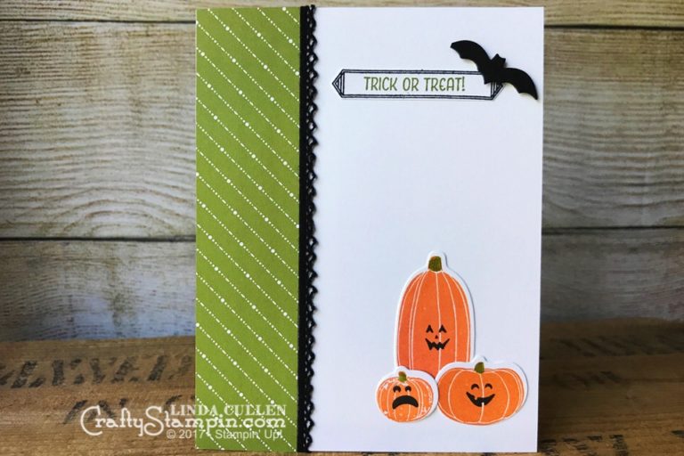 Pick a Pumpkin Trick of Treat | Stampin Up Demonstrator Linda Cullen | Crafty Stampin’ | Purchase your Stampin’ Up Supplies | Pick a Pumpkin Stamp Set | Seasonal Chums stamp set | Hometown Greetings Edgelits | Seasonal Tags Framelits | Patterned Pumpkins Thinlits | Merry Little Christmas Designer Series Paper