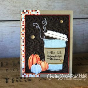 Coffee & Crafts Class: Merry Cafe Hello Fall | Stampin Up Demonstrator Linda Cullen | Crafty Stampin’ | Purchase your Stampin’ Up Supplies | Merry Cafe Stamp Set | Painted Autumn Designer Series Paper | Vellum Cardstock | Multipurpose Adhesive Sheets