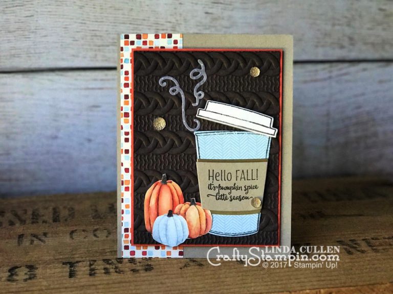 Coffee & Crafts Class: Merry Cafe Hello Fall | Stampin Up Demonstrator Linda Cullen | Crafty Stampin’ | Purchase your Stampin’ Up Supplies | Merry Cafe Stamp Set | Painted Autumn Designer Series Paper | Vellum Cardstock | Multipurpose Adhesive Sheets