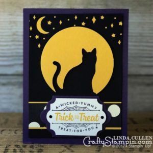 Moonlight Kitty Cat | Stampin Up Demonstrator Linda Cullen | Crafty Stampin’ | Purchase your Stampin’ Up Supplies | Spooky Cat Stamp Set | Spooky Night Designer Series Paper | Cat Punch | Everyday Label Punch | Lots of Labels Dies