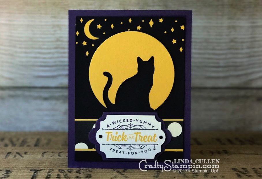Moonlight Kitty Cat | Stampin Up Demonstrator Linda Cullen | Crafty Stampin’ | Purchase your Stampin’ Up Supplies | Spooky Cat Stamp Set | Spooky Night Designer Series Paper | Cat Punch | Everyday Label Punch | Lots of Labels Dies