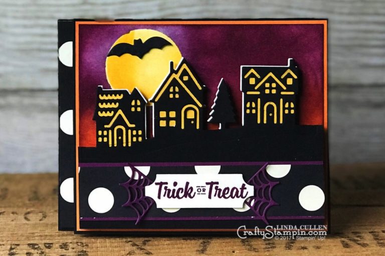 Stamp It Group Halloween Blog Hop | Stampin Up Demonstrator Linda Cullen | Crafty Stampin’ | Purchase your Stampin’ Up Supplies | Spooky Cat Stamp Set | Pick a Pumpkin stamp set | Brushwork stamp set | Hometown Greetings Edgelits | Seasonal Tags Framelits | Home Sweet Home Thinliits | Spooky Night Designer Series Paper