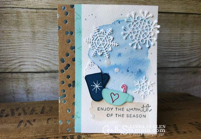 Hug Mug and Seasonal Layers Christmas | Stampin Up Demonstrator Linda Cullen | Crafty Stampin’ | Purchase your Stampin’ Up Supplies | Hug in a Mug Stamp Set | Hearts Come Home Stamp Set | Foil Frenzy Specialty Designer Series Paper | Seasonal Layers Thinlits Dies | White Perfect Accents