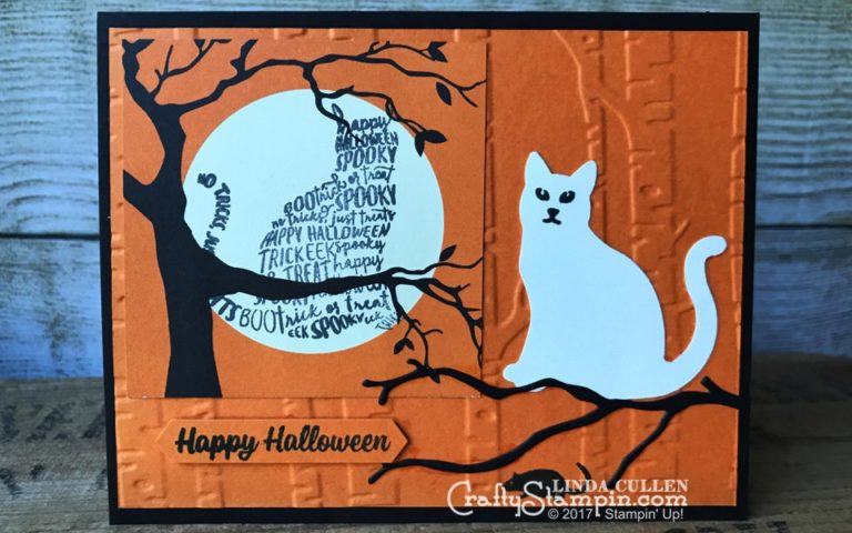 Spooky Cat in a Halloween Tree | Stampin Up Demonstrator Linda Cullen | Crafty Stampin’ | Purchase your Stampin’ Up Supplies | Spooky Cat Stamp Set | Spooky Night Designer Series Paper | Cat Punch | Seasonal Layers Thinlits