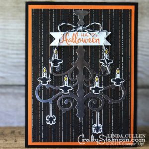 Season to Sparkle Halloween Chandelier | Stampin Up Demonstrator Linda Cullen | Crafty Stampin’ | Purchase your Stampin’ Up Supplies | Season to Sparkle Stamp Set | Spooky Night Designer Series Paper | Chandelier Thinlits | Basic Black Baker’s Twine