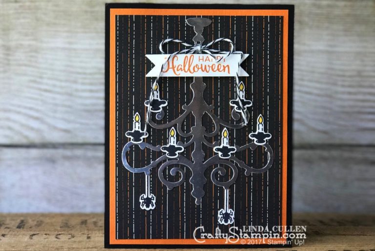 Season to Sparkle Halloween Chandelier | Stampin Up Demonstrator Linda Cullen | Crafty Stampin’ | Purchase your Stampin’ Up Supplies | Season to Sparkle Stamp Set | Spooky Night Designer Series Paper | Chandelier Thinlits | Basic Black Baker’s Twine