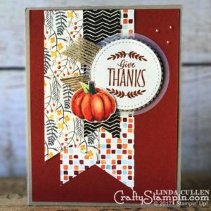 Labels to Love Pumpkin Thanks | Stampin Up Demonstrator Linda Cullen | Crafty Stampin’ | Purchase your Stampin’ Up Supplies | Labels to Love Stamp Set | Stitched Shapes Framelits | Painted Autumn Designer Series Paper | Vellum Cardstock