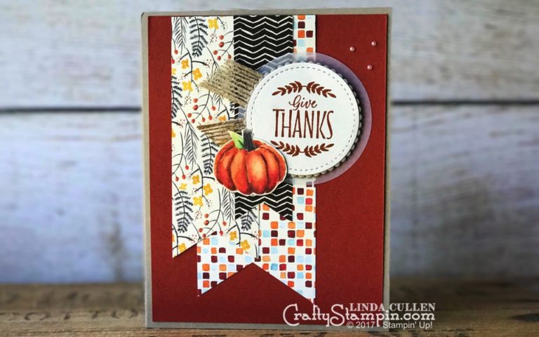 Labels to Love Pumpkin Thanks | Stampin Up Demonstrator Linda Cullen | Crafty Stampin’ | Purchase your Stampin’ Up Supplies | Labels to Love Stamp Set | Stitched Shapes Framelits | Painted Autumn Designer Series Paper | Vellum Cardstock