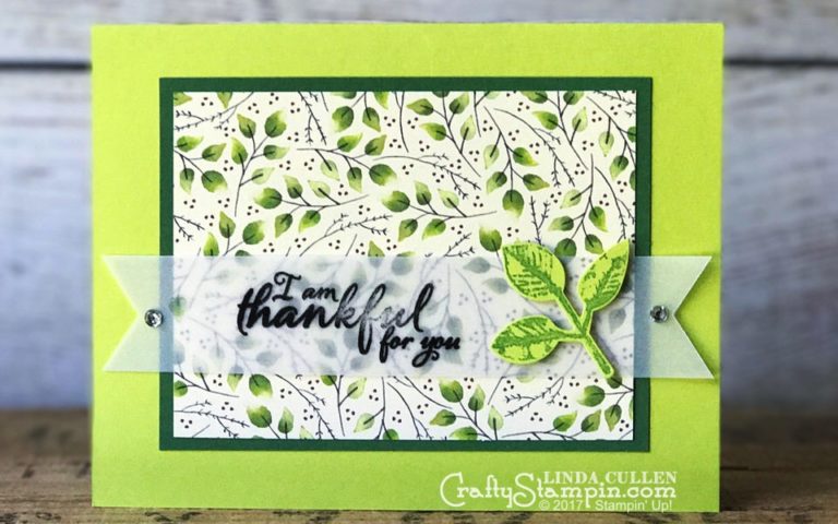 Painted Autumn Lemon Lime Twist | Stampin Up Demonstrator Linda Cullen | Crafty Stampin’ | Purchase your Stampin’ Up Supplies | Painted Harvest Stamp Set | Painted Autumn Designer Series Paper | Leaf Punch | Vellum Cardstock