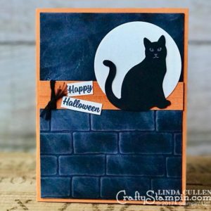 Spooky Cat Brick Wall Cat | Stampin Up Demonstrator Linda Cullen | Crafty Stampin’ | Purchase your Stampin’ Up Supplies | Spooky Cat Stamp Set | Cat Punch | Brick Wall Embossing Folder | Basic Black Baker’s Twine