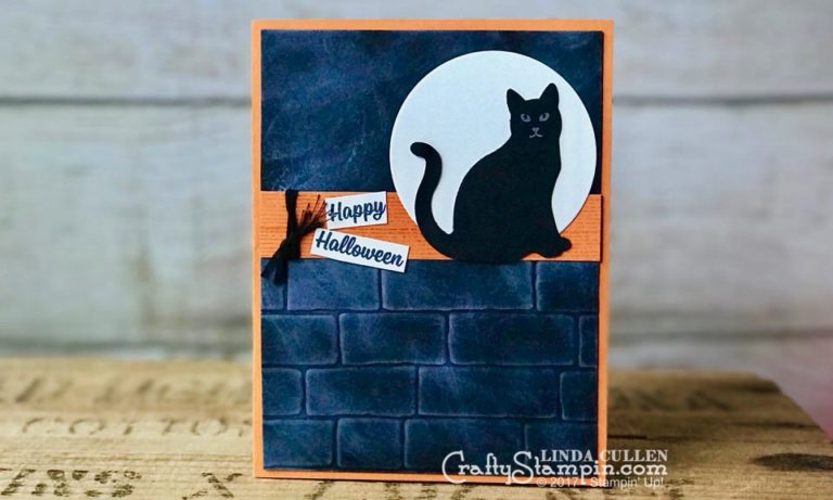 Spooky Cat Brick Wall Cat | Stampin Up Demonstrator Linda Cullen | Crafty Stampin’ | Purchase your Stampin’ Up Supplies | Spooky Cat Stamp Set | Cat Punch | Brick Wall Embossing Folder | Basic Black Baker’s Twine