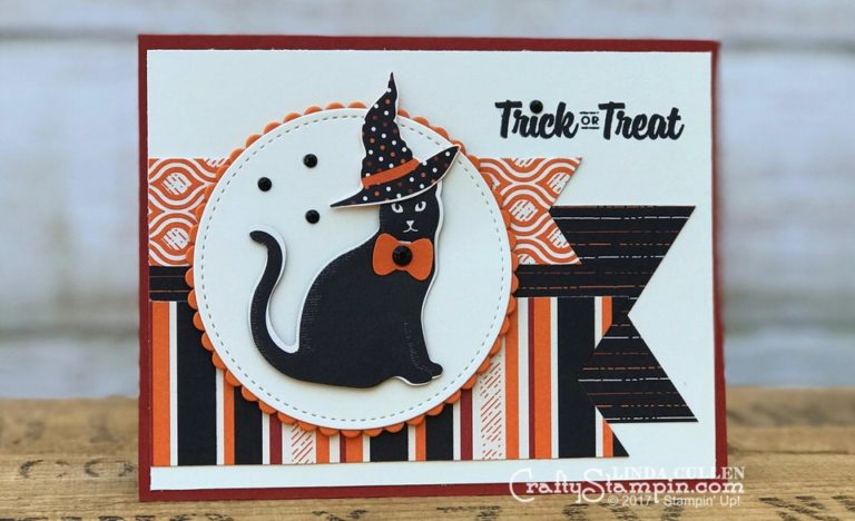 Spooky Cat in the Hat | Stampin Up Demonstrator Linda Cullen | Crafty Stampin’ | Purchase your Stampin’ Up Supplies | Spooky Cat Stamp Set | Spooky Night Designer Series Paper | Stitched Shapes Thinlits | Cat Punch