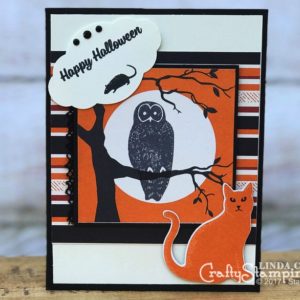 Spooky Cat Halloween Owl | Stampin Up Demonstrator Linda Cullen | Crafty Stampin’ | Purchase your Stampin’ Up Supplies | Spooky Cat Stamp Set | Spooky Night Designer Series Paper | Pretty Label Punch | Cat Punch
