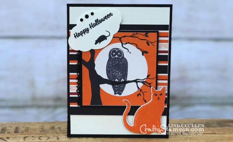 Spooky Cat Halloween Owl | Stampin Up Demonstrator Linda Cullen | Crafty Stampin’ | Purchase your Stampin’ Up Supplies | Spooky Cat Stamp Set | Spooky Night Designer Series Paper | Pretty Label Punch | Cat Punch