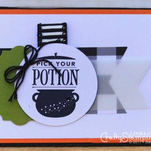 Festive Phrases Pick Your Potion | Stampin Up Demonstrator Linda Cullen | Crafty Stampin’ | Purchase your Stampin’ Up Supplies | Festive Phrases Stamp Set | Merry Little Christmas Designer Series Paper | Everyday Label Punch | 7/8” Striped Ribbon