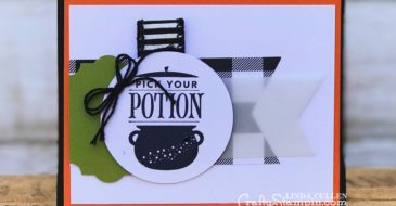 Festive Phrases Pick Your Potion | Stampin Up Demonstrator Linda Cullen | Crafty Stampin’ | Purchase your Stampin’ Up Supplies | Festive Phrases Stamp Set | Merry Little Christmas Designer Series Paper | Everyday Label Punch | 7/8” Striped Ribbon