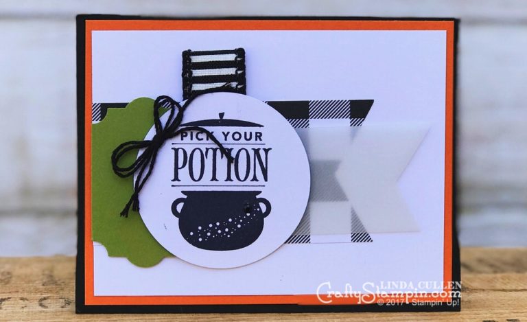 Festive Phrases Pick Your Potion | Stampin Up Demonstrator Linda Cullen | Crafty Stampin’ | Purchase your Stampin’ Up Supplies | Festive Phrases Stamp Set | Merry Little Christmas Designer Series Paper | Everyday Label Punch | 7/8” Striped Ribbon