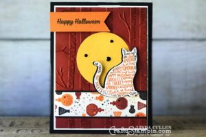 Coffee & Crafts Class: Spooky Cat Rock n Roll | Stampin Up Demonstrator Linda Cullen | Crafty Stampin’ | Purchase your Stampin’ Up Supplies | Spooky Cat Stamp Set | Spooky Night Designer Series Paper | Woodland Embossing Folder | Black Rhinestones