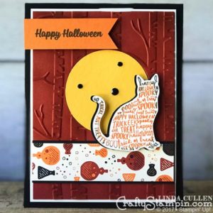 Coffee & Crafts Class: Spooky Cat Rock n Roll | Stampin Up Demonstrator Linda Cullen | Crafty Stampin’ | Purchase your Stampin’ Up Supplies | Spooky Cat Stamp Set | Spooky Night Designer Series Paper | Woodland Embossing Folder | Black Rhinestones