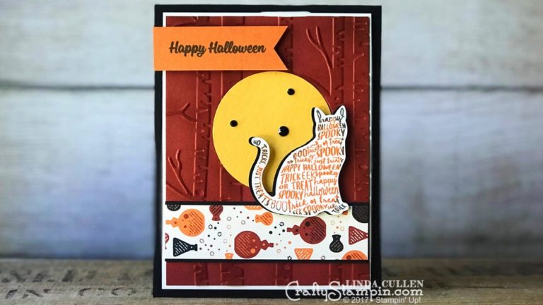 Coffee & Crafts Class: Spooky Cat Rock n Roll | Stampin Up Demonstrator Linda Cullen | Crafty Stampin’ | Purchase your Stampin’ Up Supplies | Spooky Cat Stamp Set | Spooky Night Designer Series Paper | Woodland Embossing Folder | Black Rhinestones