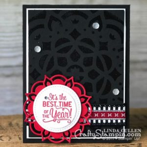Coffee & Crafts Class: Christmas in the Making Medallion | Stampin Up Demonstrator Linda Cullen | Crafty Stampin’ | Purchase your Stampin’ Up Supplies | Christmas in the Making Stamp Set | Pattern Party Decorative Masks | Eastern Medallions Thinlits | 7/8” Striped Ribbon