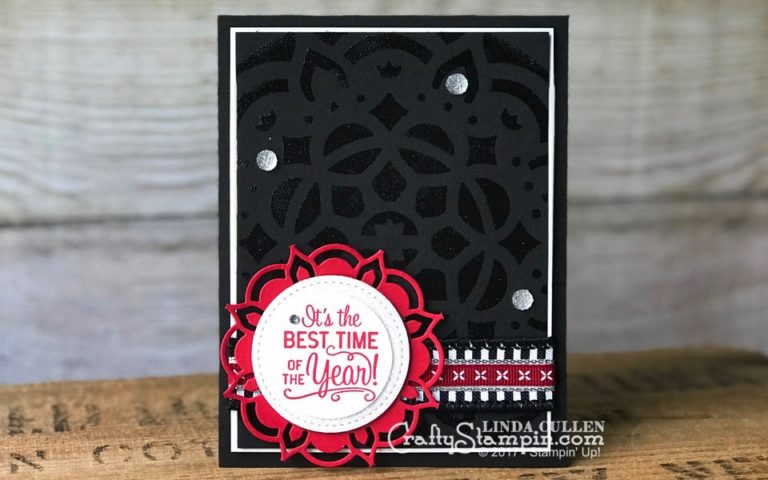 Coffee & Crafts Class: Christmas in the Making Medallion | Stampin Up Demonstrator Linda Cullen | Crafty Stampin’ | Purchase your Stampin’ Up Supplies | Christmas in the Making Stamp Set | Pattern Party Decorative Masks | Eastern Medallions Thinlits | 7/8” Striped Ribbon