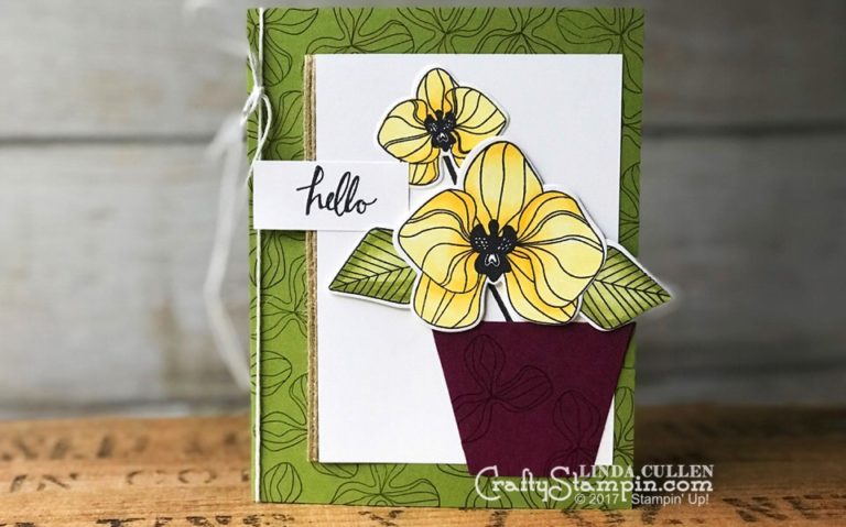 Climbing Orchid Daffodil Delight Stampin Blends| Stampin Up Demonstrator Linda Cullen | Crafty Stampin’ | Purchase your Stampin’ Up Supplies | Climbing Orchid Stamp Set | Orchid Builder Framelits | Stampin Blends Markers